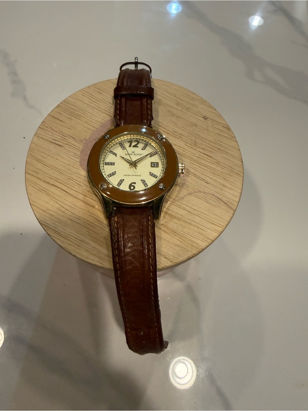 Anne Klein Brown Leather Strap Watch with Gold-Tone Case